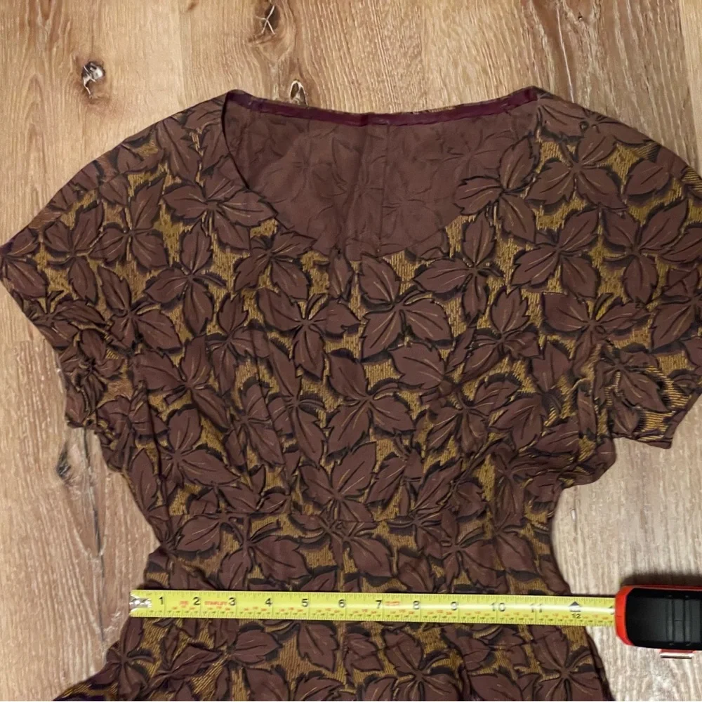 1950’s vintage brown gold fall leaves dress retro full circle skirt XS VLV pinup - Picture 10 of 11